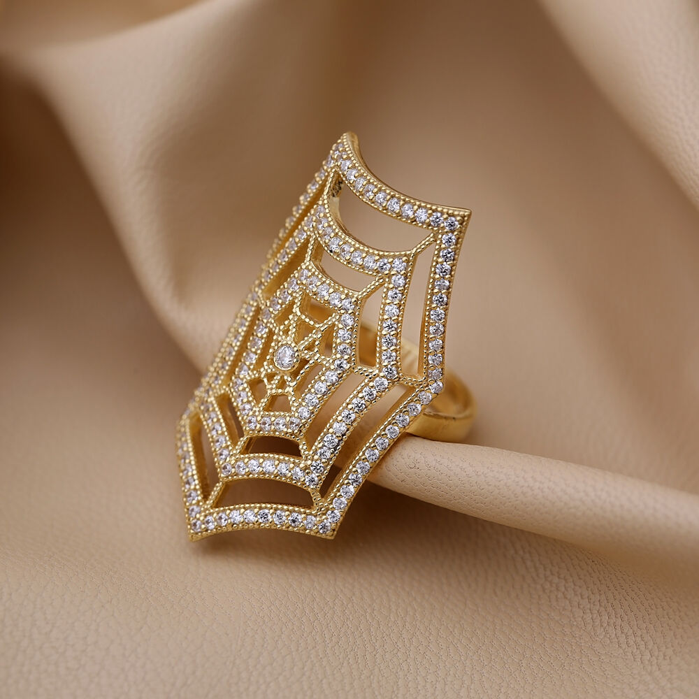 Spider Web Design Ring Zircon Stone Cluster Dainty Turkish Handmade Wholesale 925 Sterling Silver Jewelry