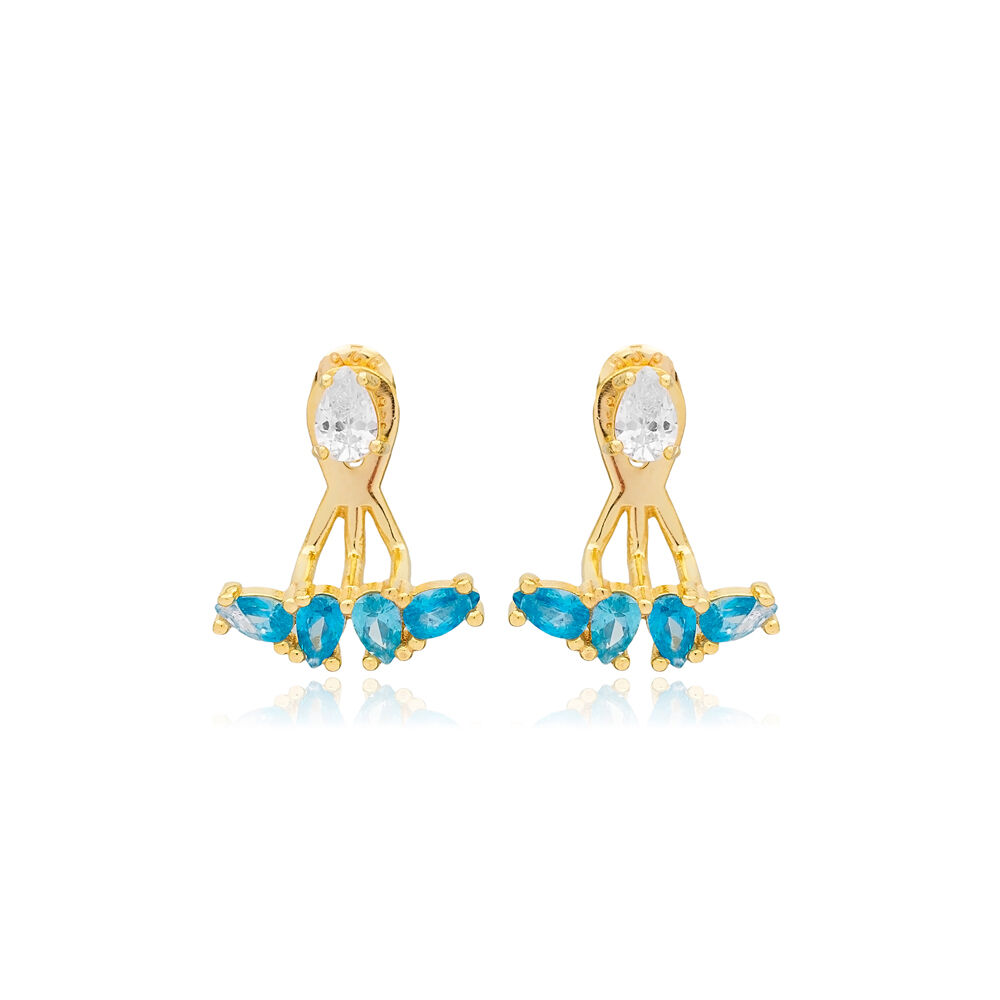 Aquamarine Stone Pear Shape Ear Jackets Earrings 925 Sterling Silver Jewelry