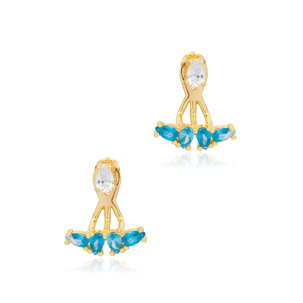 Aquamarine Stone Pear Shape Ear Jackets Earrings 925 Sterling Silver Jewelry