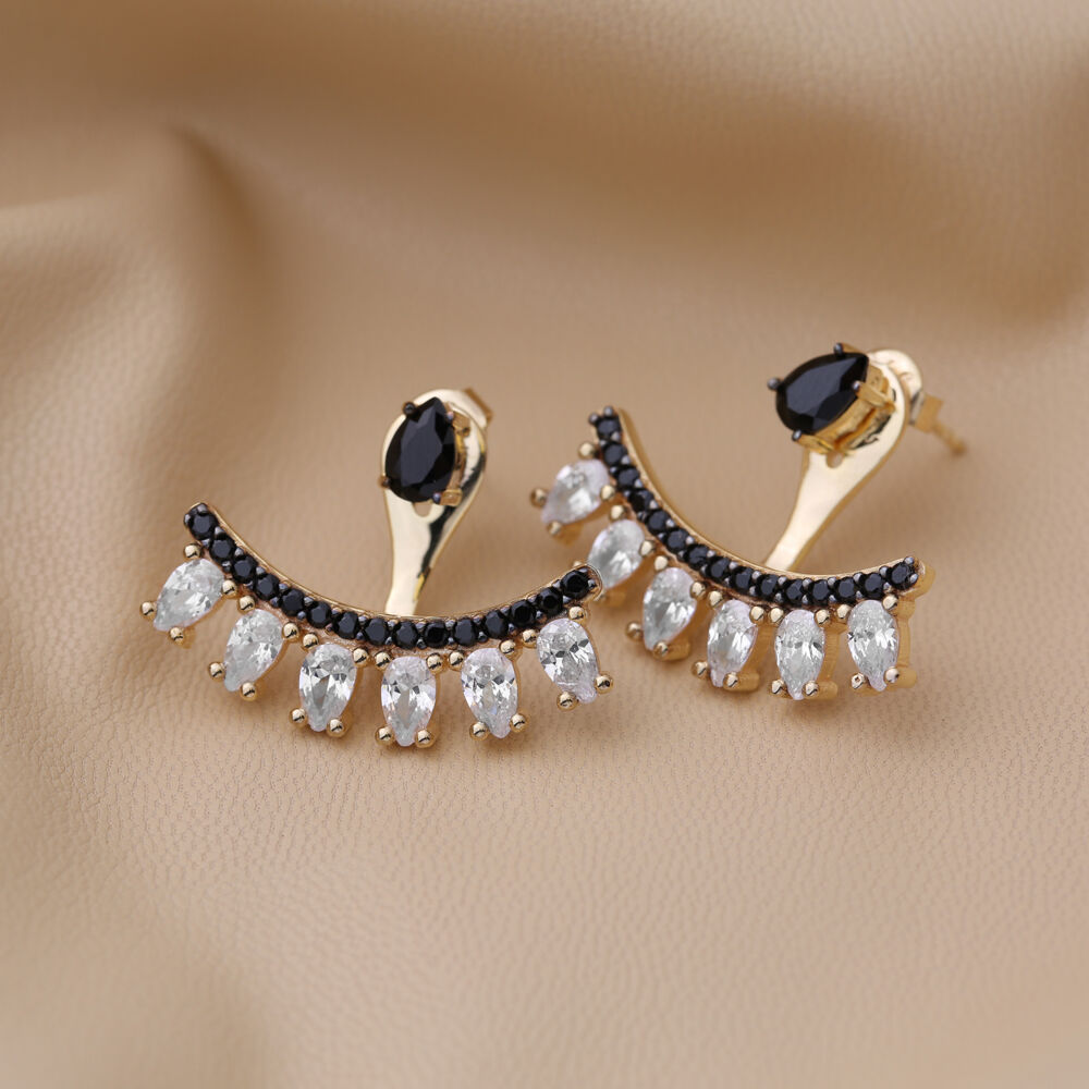 Black Zircon Stone Pear Shape Ear Jackets Earrings Turkish Handmade Wholesale 925 Sterling Silver Jewelry