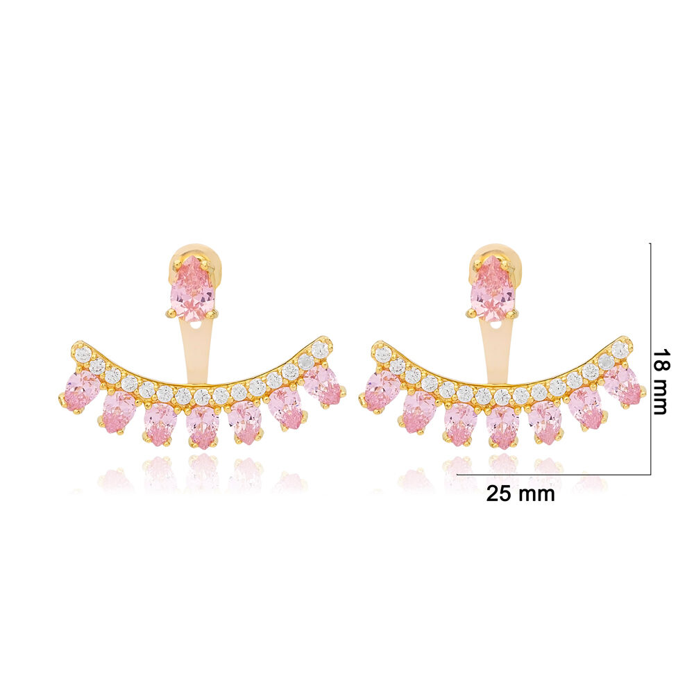 Pink Zircon Stone Pear Shape Ear Jackets Earrings Handmade 925 Sterling Silver Jewelry