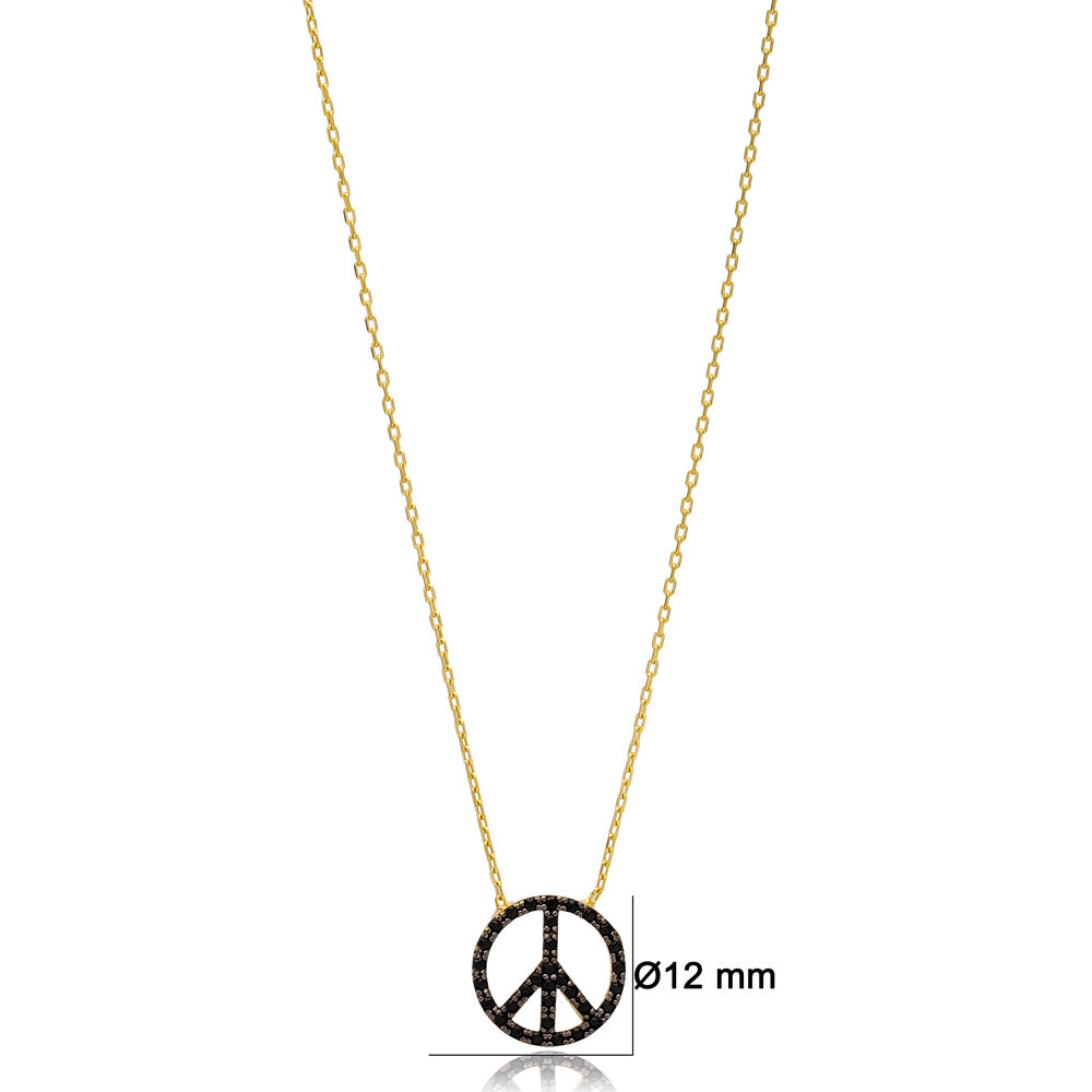 Black Zircon Stone Peace Sign Design Charm Necklace Pendant Wholesale 925 Sterling Silver Jewelry