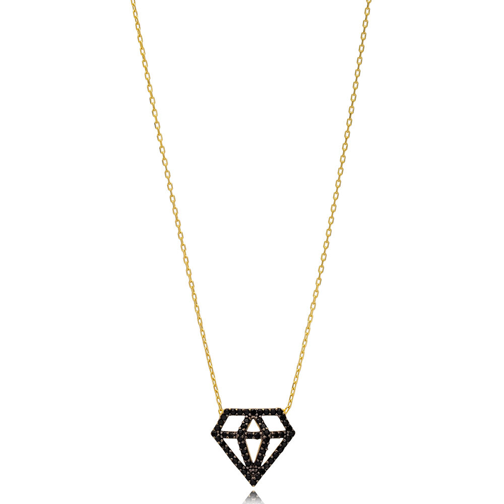 Black Zircon Stone Diamond Design Charm Necklace Pendant Wholesale 925 Sterling Silver Jewelry