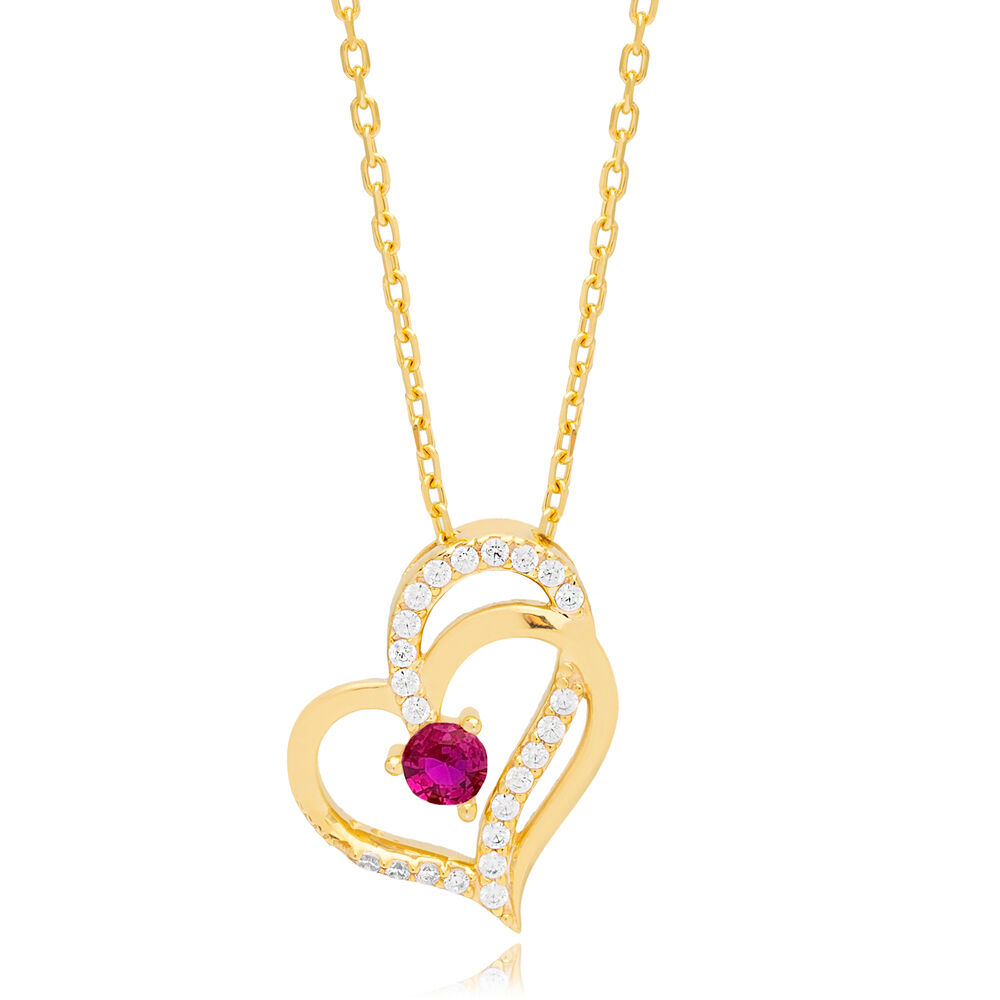 Ruby Intertwined Heart Design Charm Necklace Pendant 925 Silver Sterling Turkish Jewelry