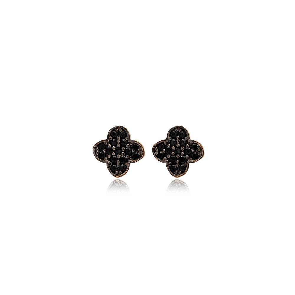 Four Leaf Clover Design Black Zircon Stone Stud Earrings Handmade 925 Sterling Silver Jewelry