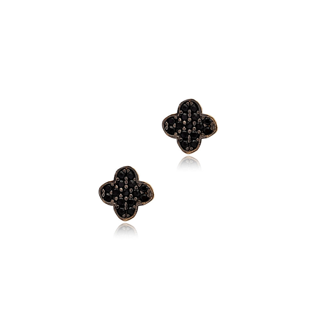 Four Leaf Clover Design Black Zircon Stone Stud Earrings Handmade 925 Sterling Silver Jewelry