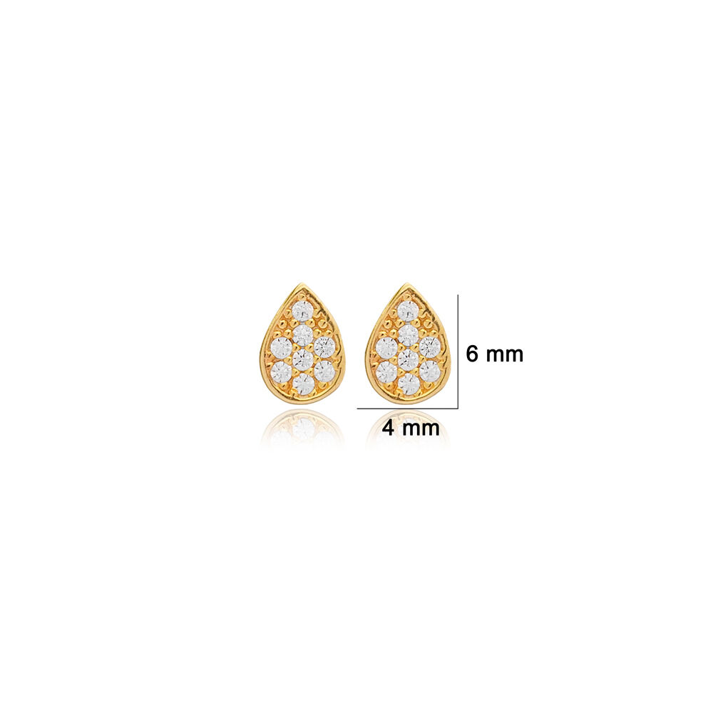 Pear Drop Shape Stud Earrings Zircon Stone Turkish Handcrafted 925 Sterling Silver Jewelry