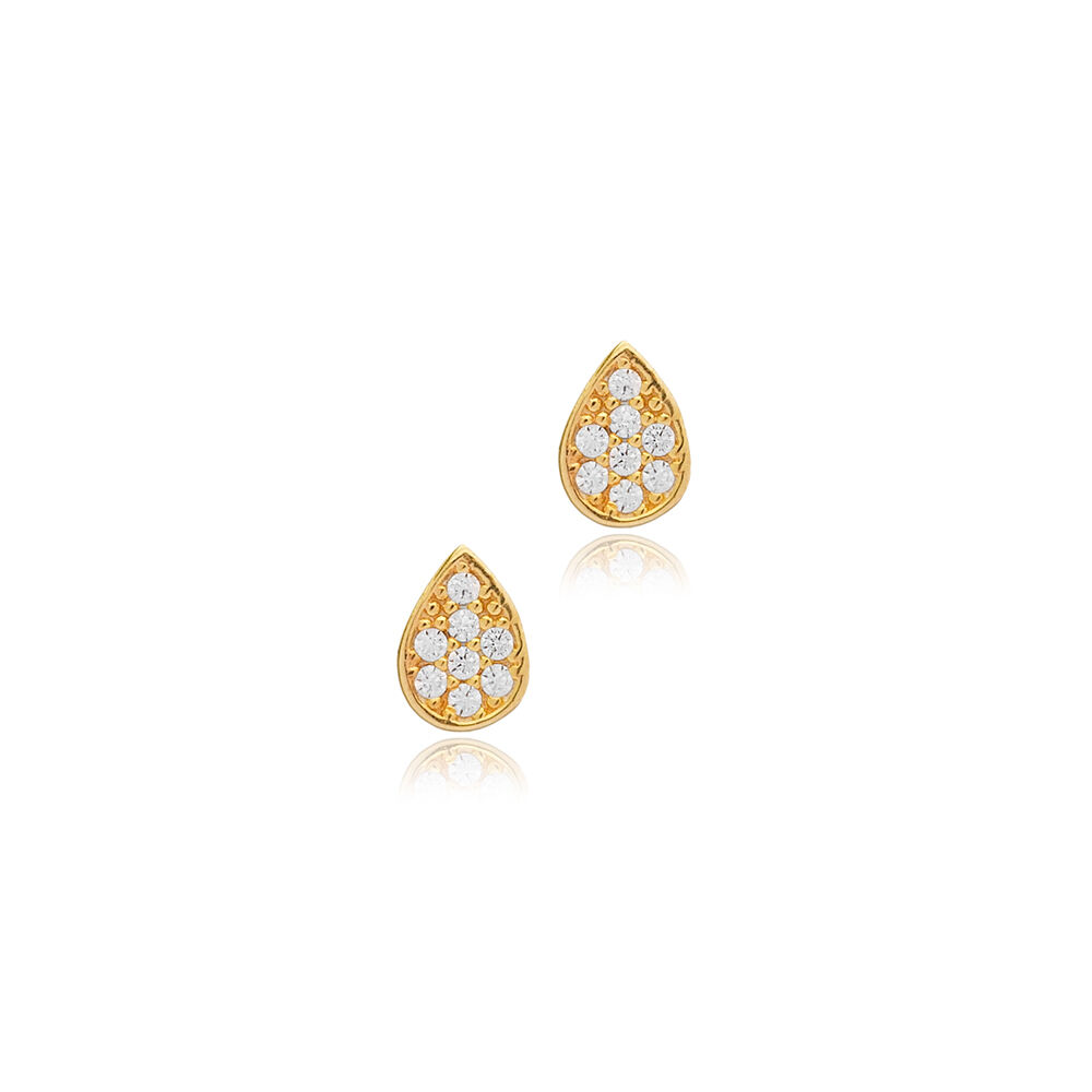 Pear Drop Shape Stud Earrings Zircon Stone Turkey Handcrafted 925 Sterling Silver Jewelry