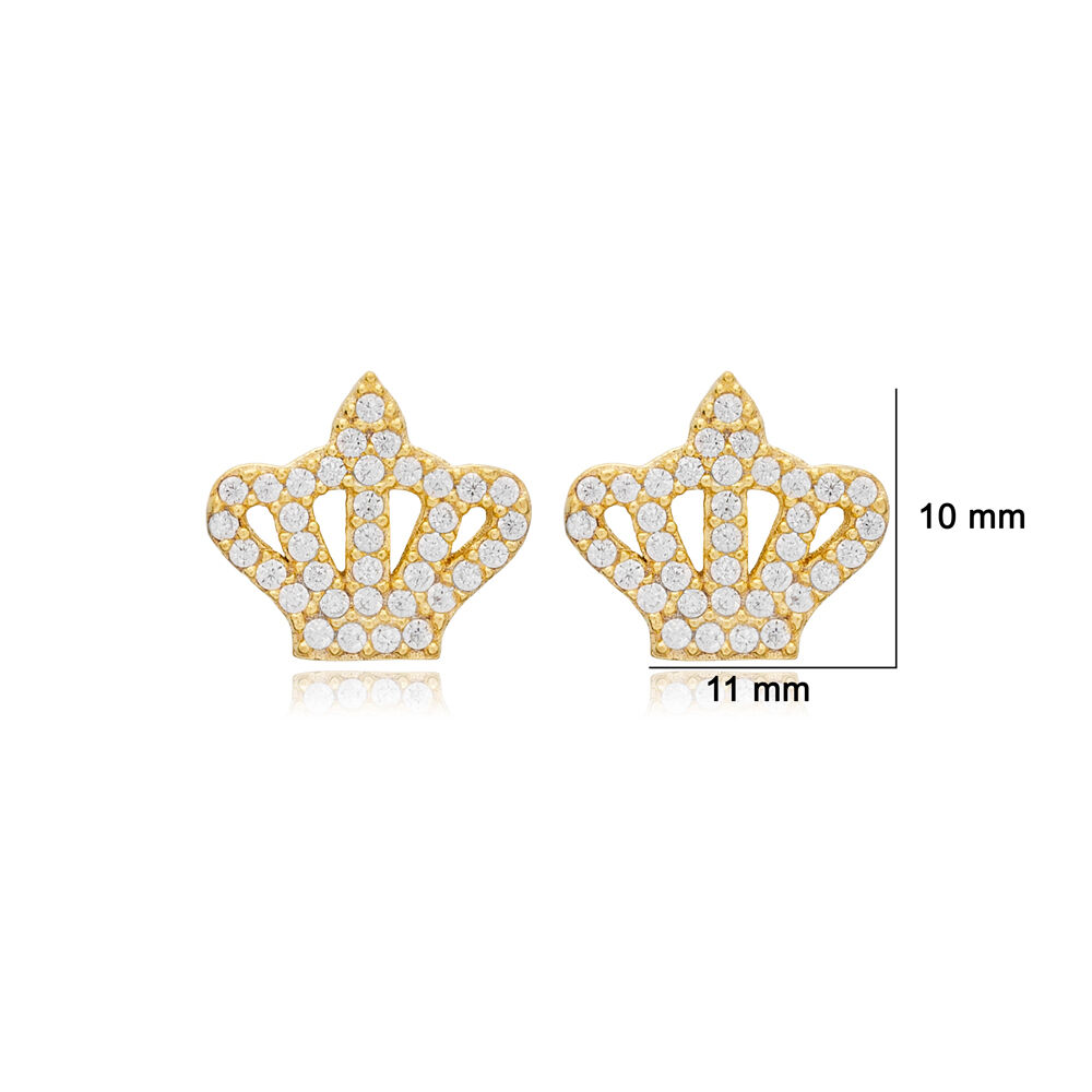 Crown Design Stud Earrings Shiny Clear Zircon Stone Turkish Handmade 925 Sterling Silver Jewelry