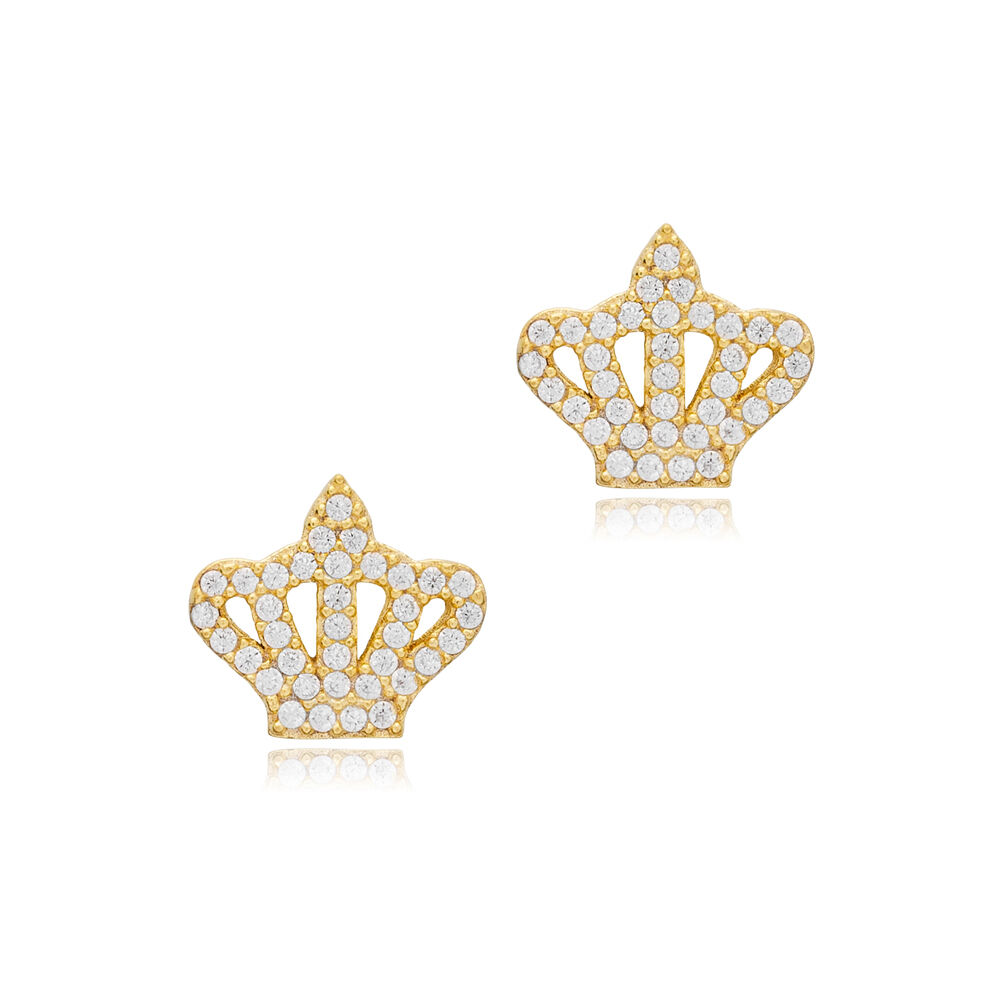 Crown Design Stud Earrings Shiny Clear Zircon Stone Turkey Handmade 925 Sterling Silver Jewelry