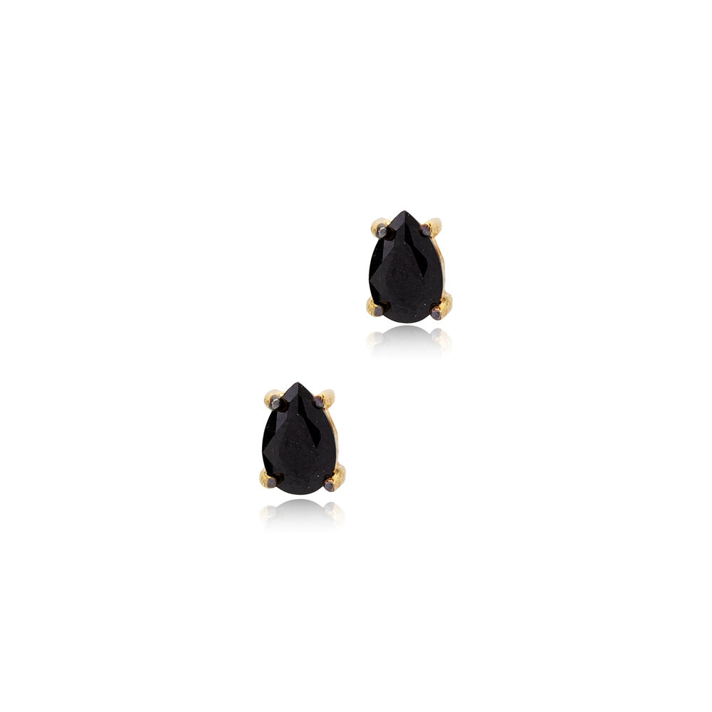 Black Zircon Stone Pear Design Stud Earrings Turkish Handcrafted 925 Sterling Silver Jewelry