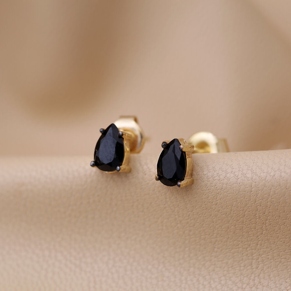 Black Zircon Stone Pear Design Stud Earrings Turkish Handcrafted 925 Sterling Silver Jewelry