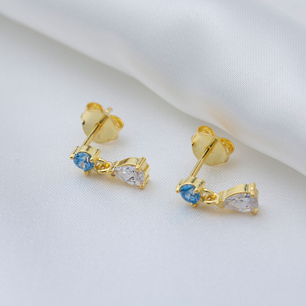 Aquamarine Zircon Stone Pear Drop Minimalist Stud Earrings 925 Sterling Silver Jewelry