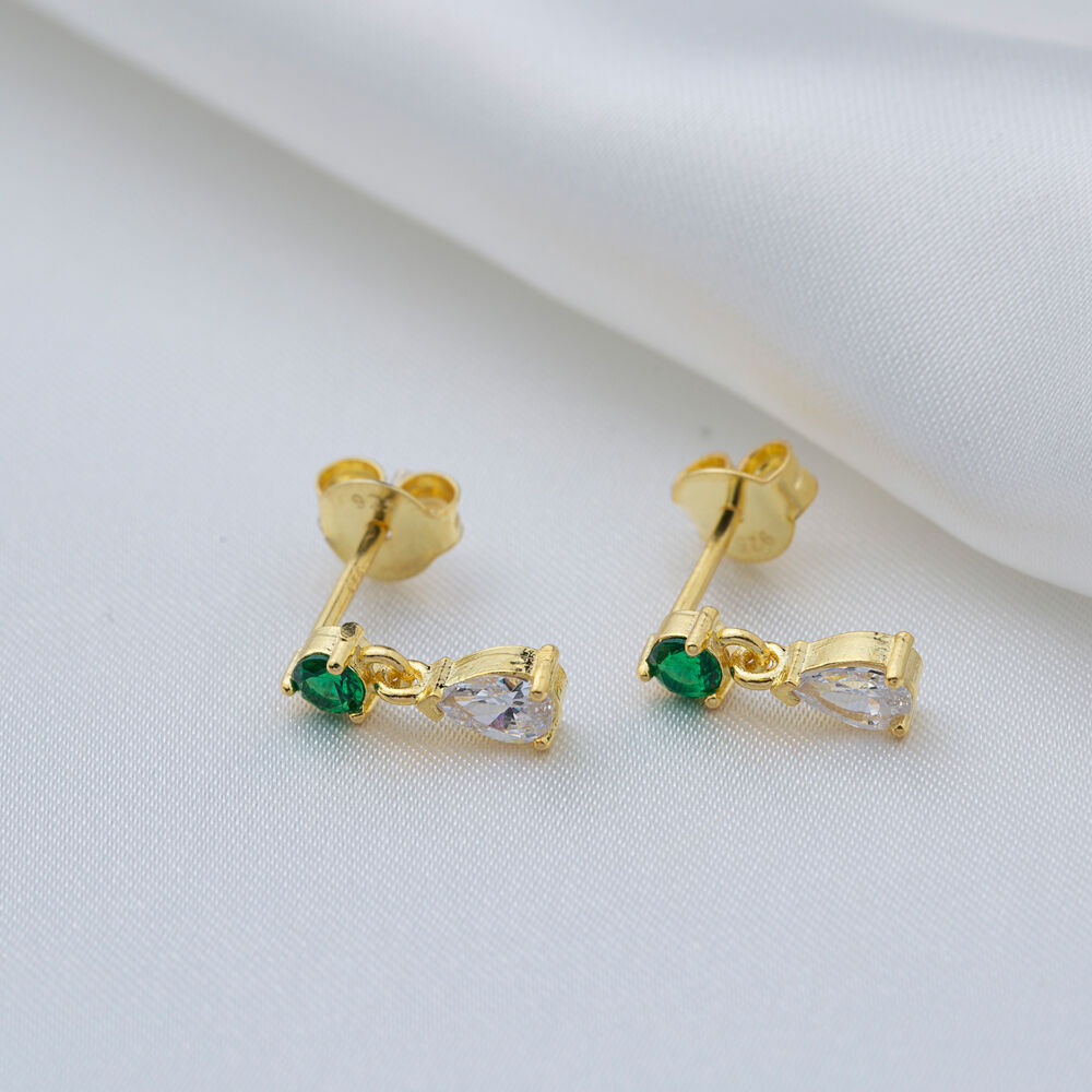 Emerald Zircon Pear Drop Shape Minimalist Stud Earrings 925 Sterling Silver Jewelry