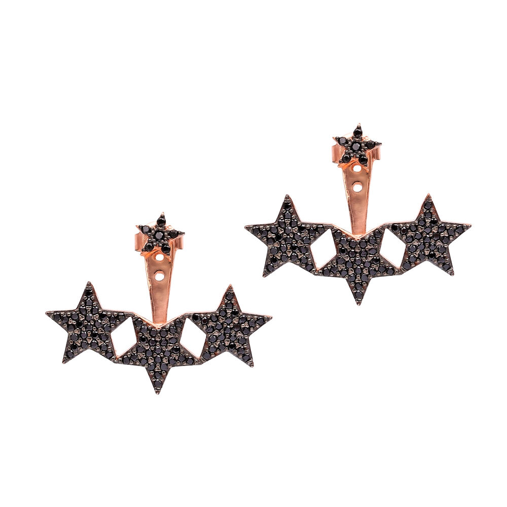 Star Design Black Zircon Stone Cuff  Earrings Turkish Handcrafted Wholesale 925 Sterling Silver Jewelry