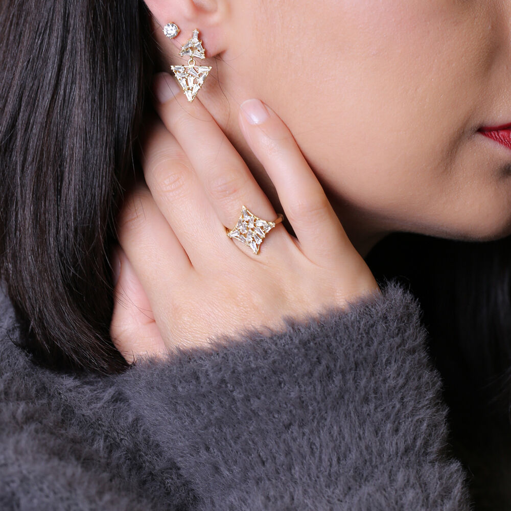 Trendy Dangle Baguette Style Shiny Zircon Stone Geometric Stud Earrings Turkish Wholesale Sterling Silver Jewelry