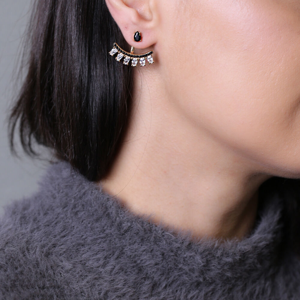 Black Zircon Stone Pear Shape Ear Jackets Earrings 925 Sterling Silver Jewelry