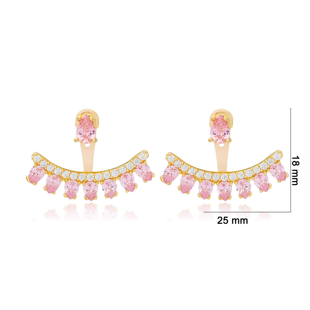 Pink Zircon Stone Pear Shape Ear Jackets Earrings Turkish Handmade 925 Sterling Silver Jewelry