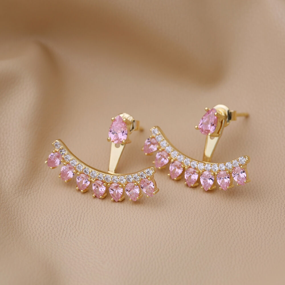Pink Zircon Stone Pear Shape Ear Jackets Earrings Turkish Handmade 925 Sterling Silver Jewelry