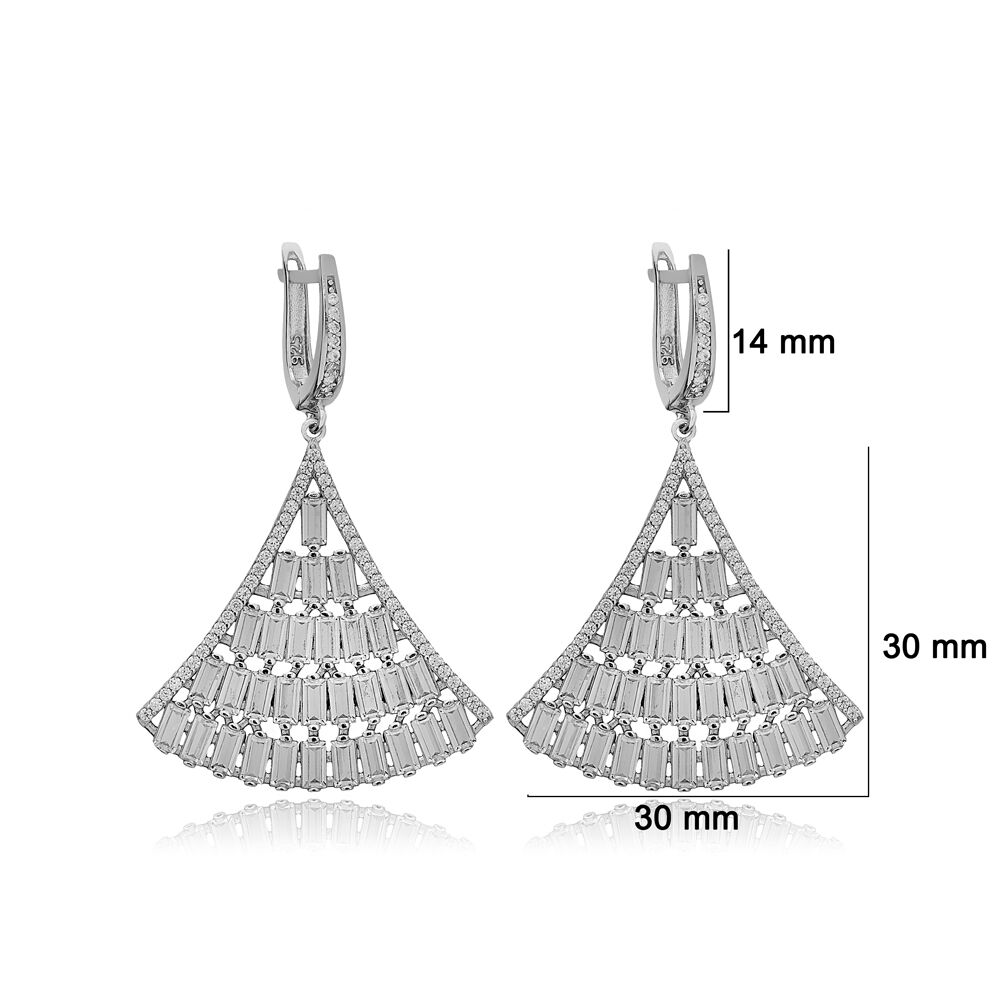 Shiny Baguette Zircon Stone Chandelier Earrings Turkish Handcrafted 925 Sterling Silver Jewelry