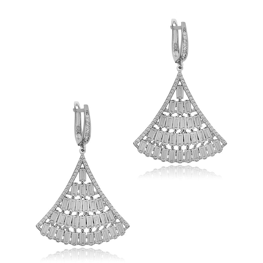 Shiny Baguette Zircon Stone Chandelier Earrings For Woman Turkish Handcrafted 925 Sterling Silver Jewelry