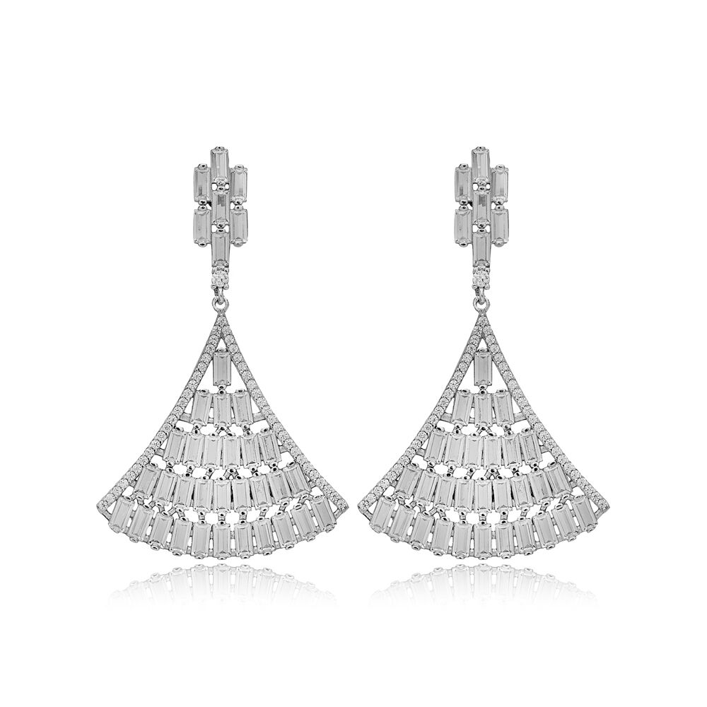 New Design Baguette Zircon Stone Chandelier Earrings Turkish Handcrafted 925 Sterling Silver Jewelry