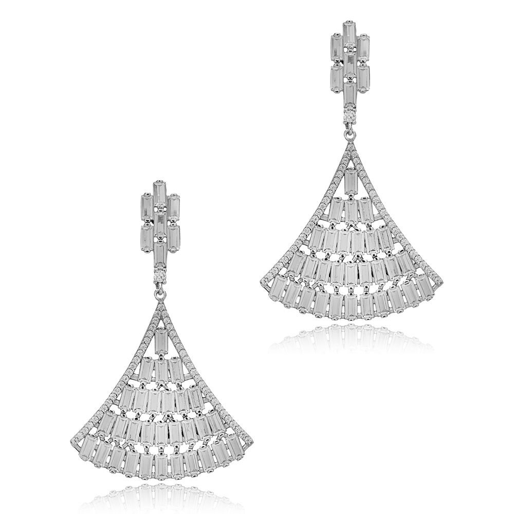 New Design Shiny Baguette Zircon Stone Chandelier Earrings Turkish Handcrafted 925 Sterling Silver Jewelry