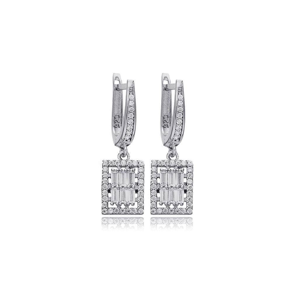 Geometric Rectangle Design Clear Zircon Stone Dangle Earrings 925 Sterling Silver Jewelry