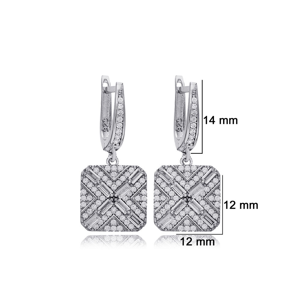 Geometric Square Design Clear Zircon Stone Dangle Earrings For Woman 925 Sterling Silver Jewelry