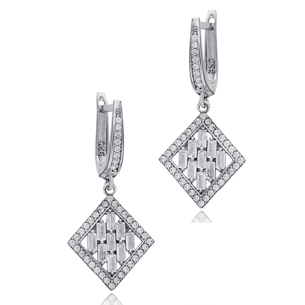 Geometric Shape Baguette Zircon Stone Dangle Earrings 925 Sterling Silver Jewelry