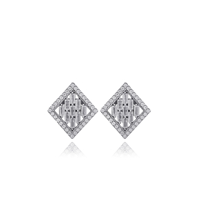 New Design Geometric Shape Baguette Zircon Stone Stud Earrings 925 Sterling Silver Jewelry