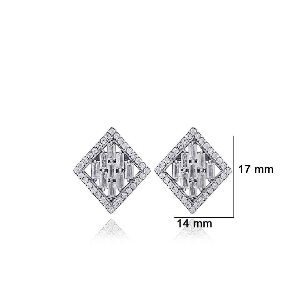 Geometric Shape Baguette Zircon Stone Stud Earrings 925 Sterling Silver Jewelry