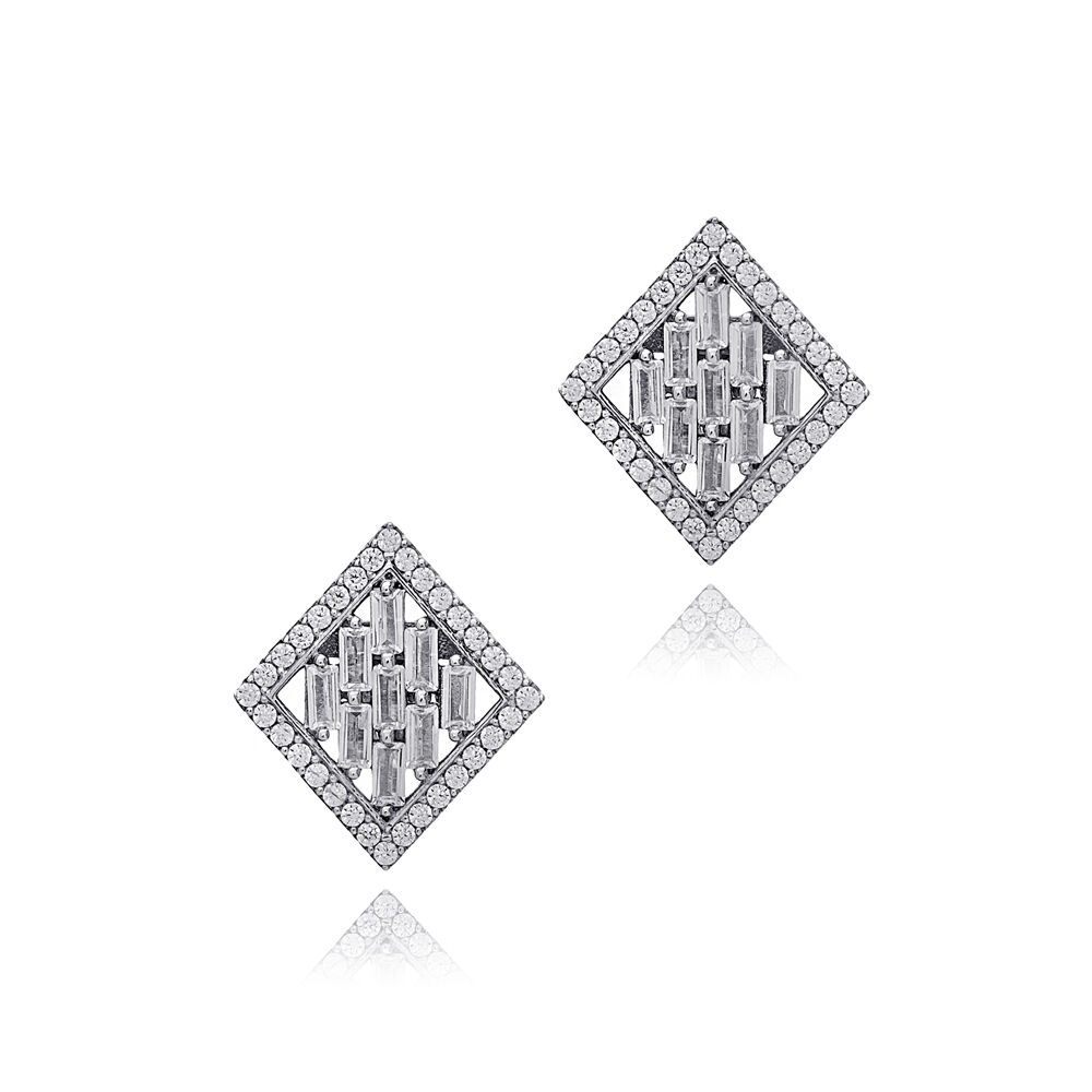 New Design Geometric Shape Baguette Zircon Stone Stud Earrings 925 Sterling Silver Jewelry