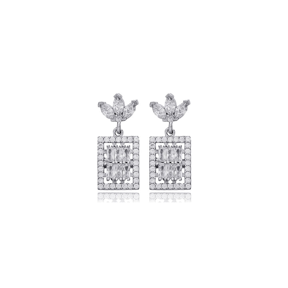 Rectangle Geometric Design Zircon Stone Stud Earrings 925 Sterling Silver Jewelry