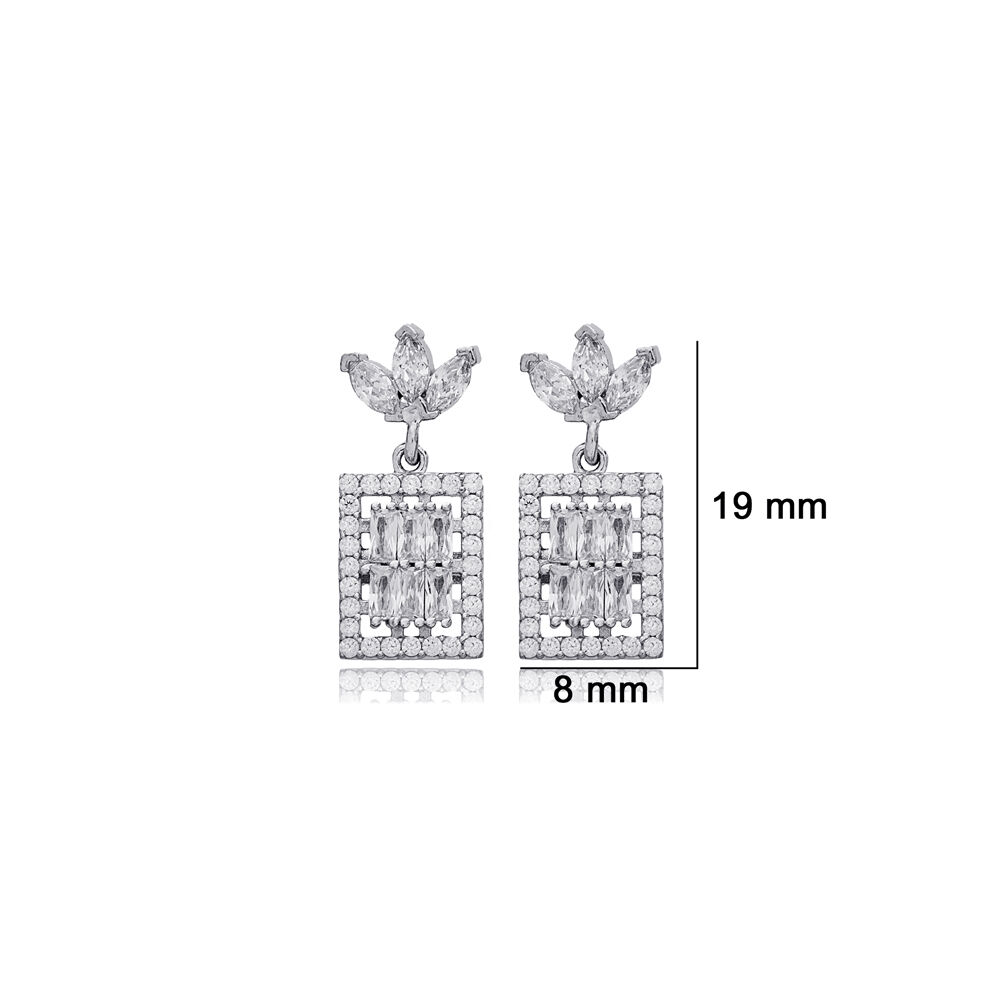 Rectangle Geometric Design Zircon Stone Stud Earrings 925 Sterling Silver Jewelry