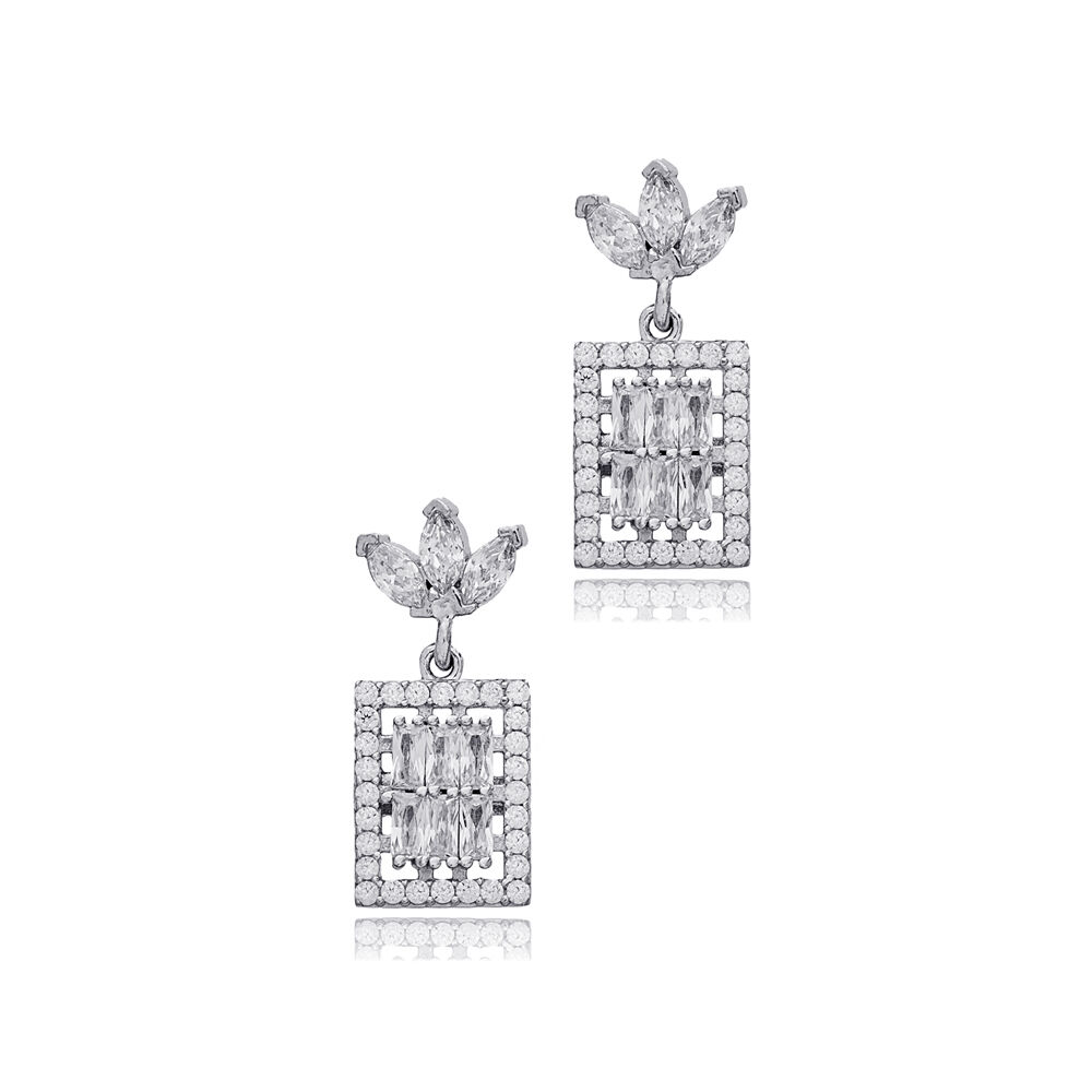 New Fashion Rectangle Geometric Design Zircon Stone Stud Earrings 925 Sterling Silver Jewelry