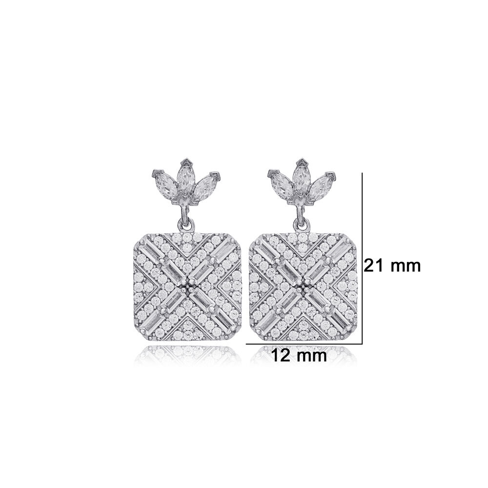 Geometric Square Shape Clear Zircon Stone Stud Earrings For Woman 925 Sterling Silver Jewelry