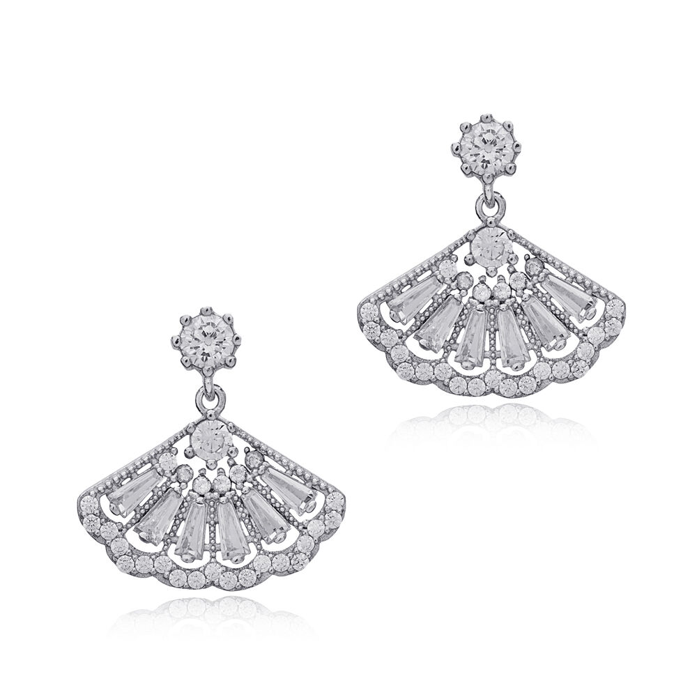 Seashell Design Shiny Zircon Stone Stud Earrings 925 Sterling Silver Jewelry