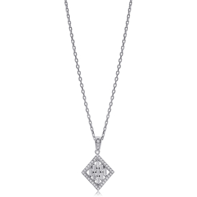 Geometric Design Zircon Stone Charm Necklace 925 Sterling Silver Jewelry