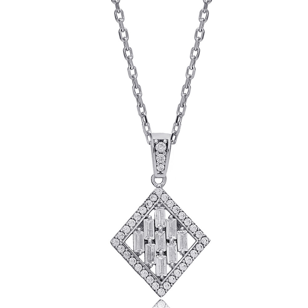 Geometric Design Zircon Stone Charm Necklace 925 Sterling Silver Jewelry