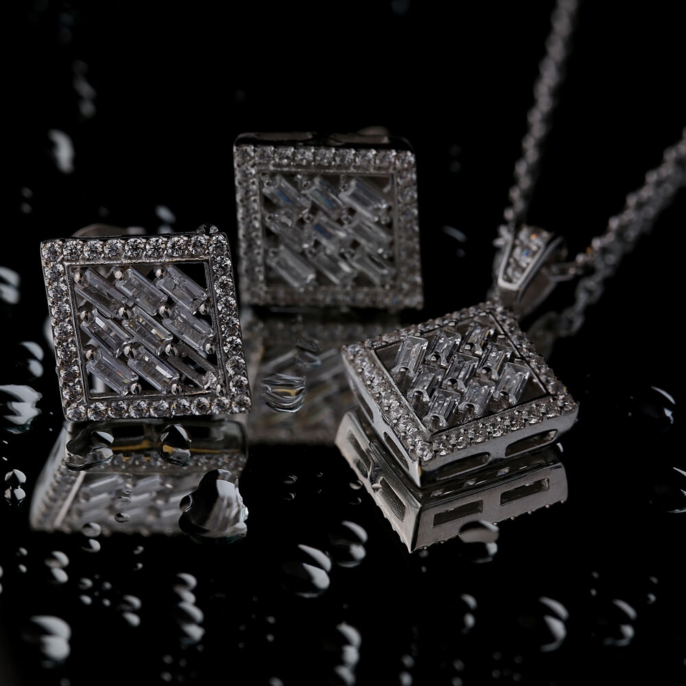 Geometric Design Shiny Zircon Stone Charm Necklace 925 Sterling Silver Jewelry