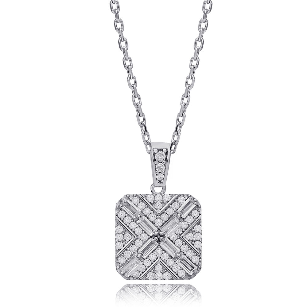 Geometric Square Design Zircon Stone Charm Necklace 925 Sterling Silver Jewelry