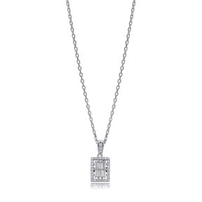 Geometric Rectangle Design Zircon Stone Charm Necklace 925 Sterling Silver Jewelry