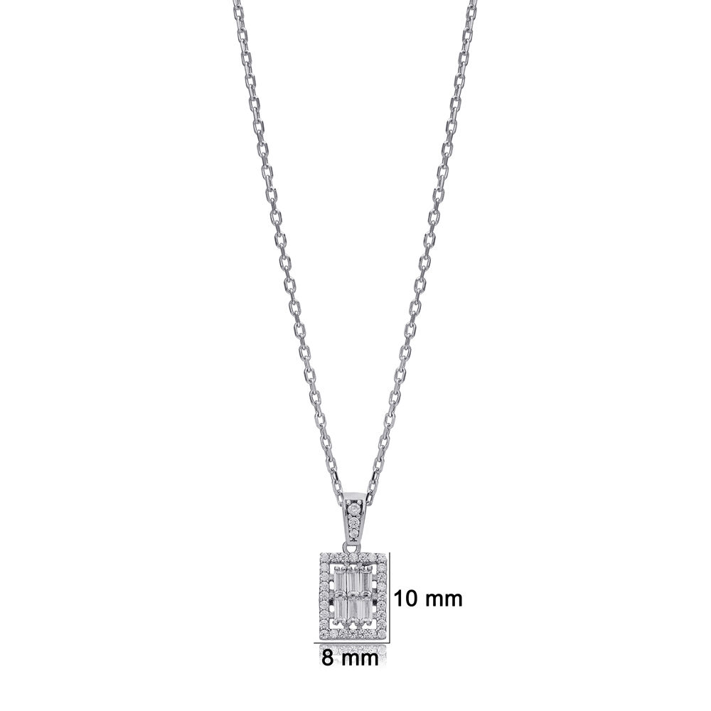 Geometric Rectangle Design Zircon Stone Charm Necklace 925 Sterling Silver Jewelry