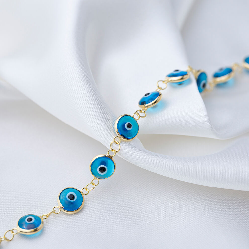 Ø8 mm Sized Turquoise Evil Eye Design Charm Thin Bracelet Turkish Wholesale Handmade 925 Sterling Silver Jewelry