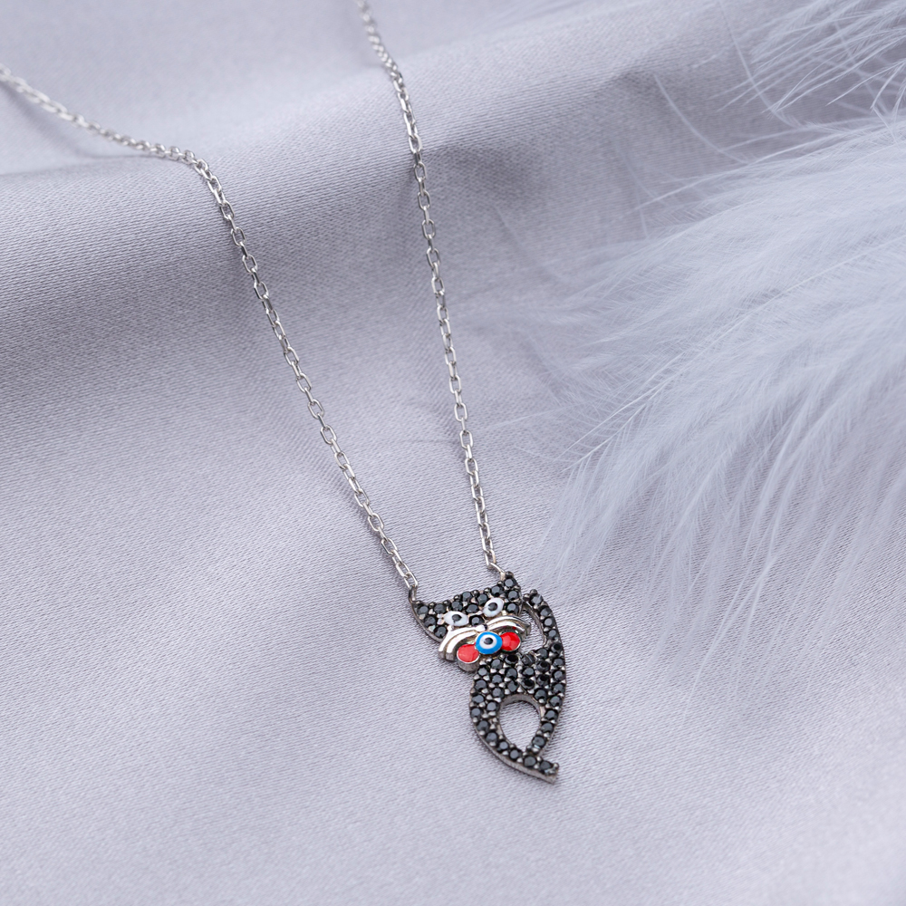 Black Zircon Stone Kitten Cute Cat Design Charm Necklace Pendant 925 Sterling Silver Jewelry