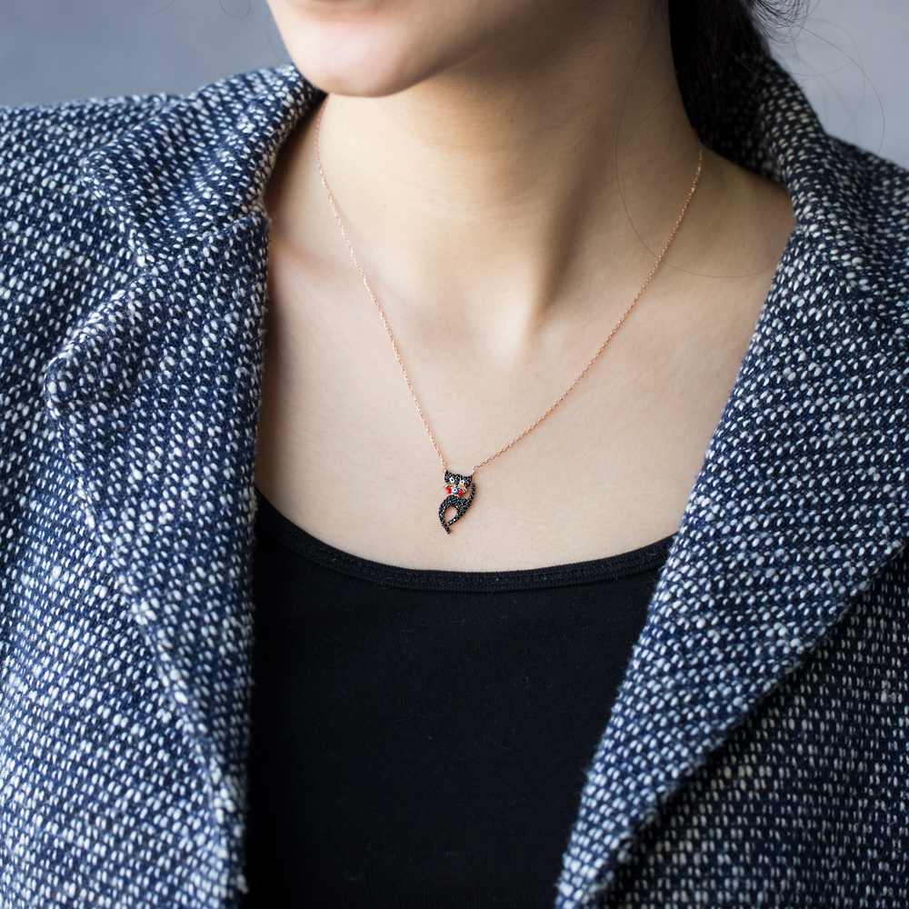 Black Zircon Stone Kitten Cute Cat Design Charm Necklace Pendant 925 Sterling Silver Jewelry