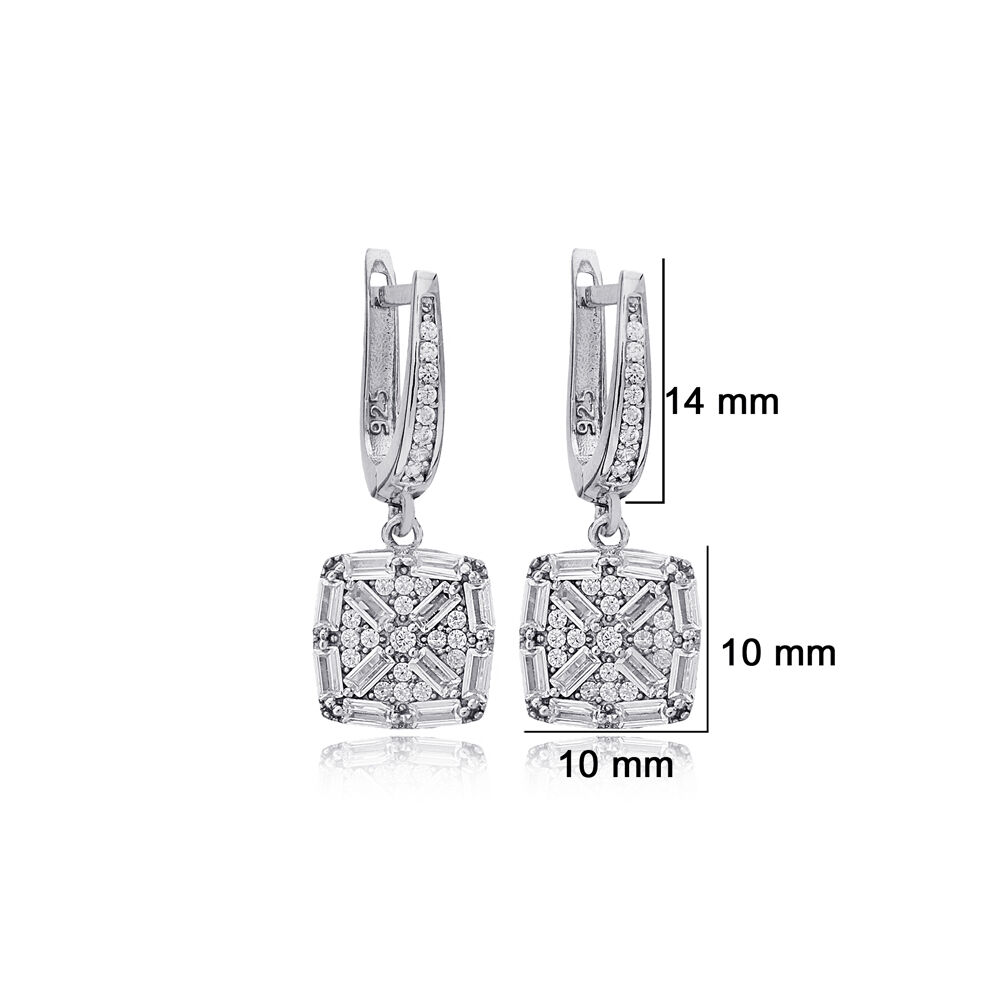 Square Geometric Design Shiny Baguette Stone Dangle Earrings 925 Sterling Silver Jewelry