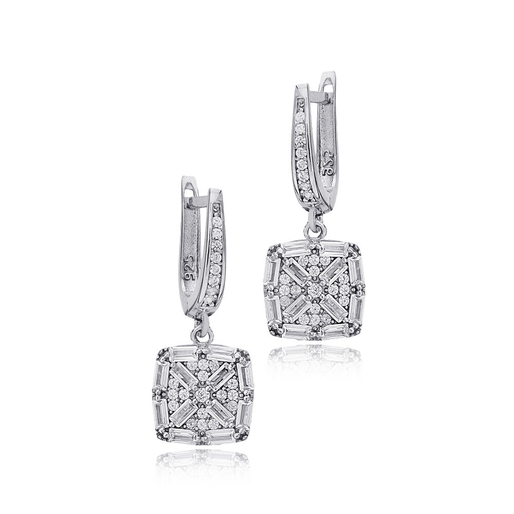 Square Geometric Design Baguette Stone Dangle Earrings 925 Sterling Silver Jewelry
