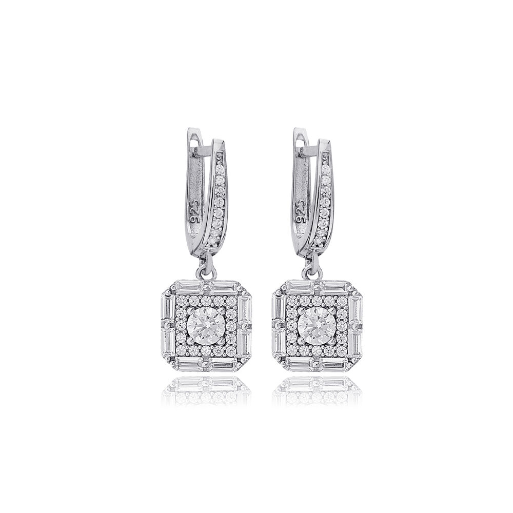 Square Geometric Design Round Cut Zircon Stone Dangle Earrings 925 Sterling Silver Jewelry
